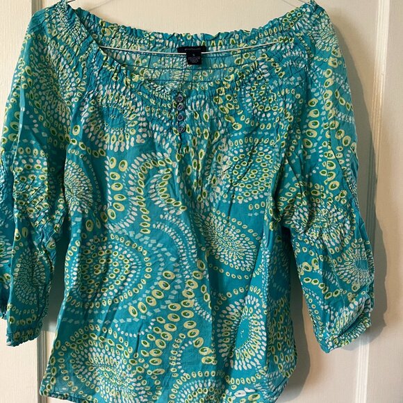 Blue and Green Geometric Patterned Womens' Blouse Size Small by Westbound - Picture 1 of 6